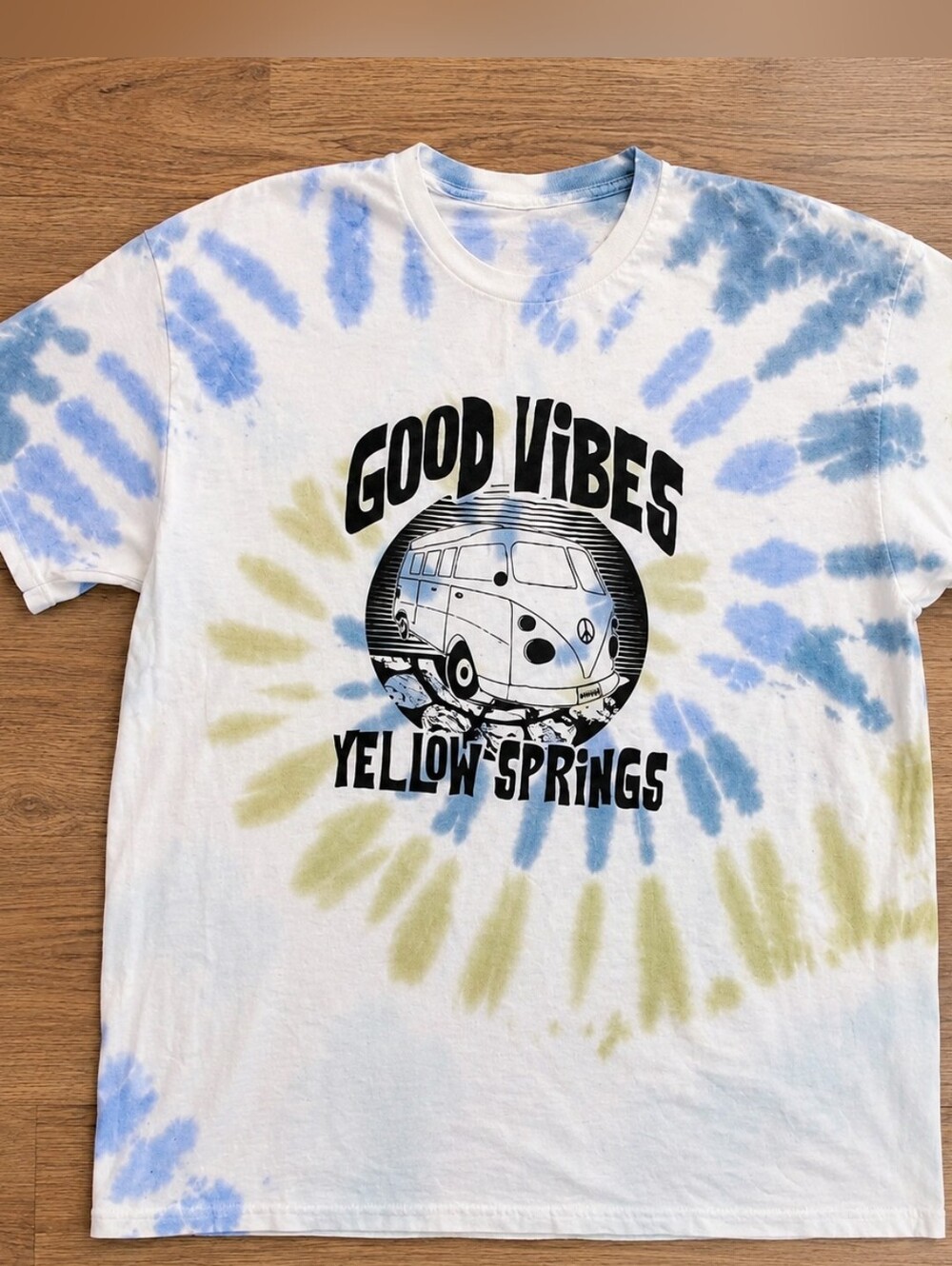 Good Vibes Yellow Springs Tie Dye VW Bus Graphic T Shirt Adult Large